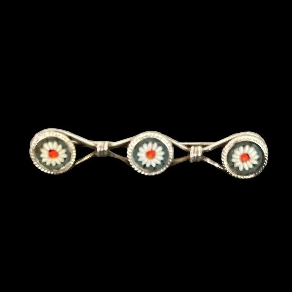 Vintage Micro Mosaic Circular Bar Pin Brooch Silver Tone 1.5” L Red White Blue